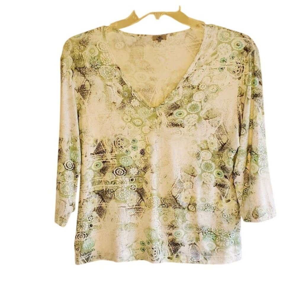 Dismero Made in Italy V-Neck Abstract Print Top XL Lightweight Stretch Blouse
